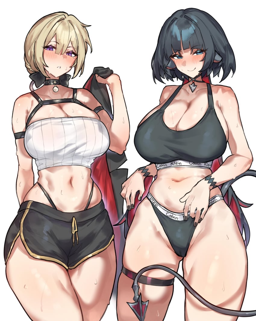 2girls aqua_eyes ass big_ass big_breasts big_thighs black_hair blonde_hair blush breasts butt crop_top evelyn_chevalier female gigantic_ass gigantic_breasts gigantic_thighs hoyoverse huge_ass huge_breasts huge_thighs jane_doe_(zenless_zone_zero) purple_eyes radishkek rat rat_ears rat_girl rat_tail short_hair shorts sweat sweatdrop sweating tagme thick_thighs thighs zenless_zone_zero