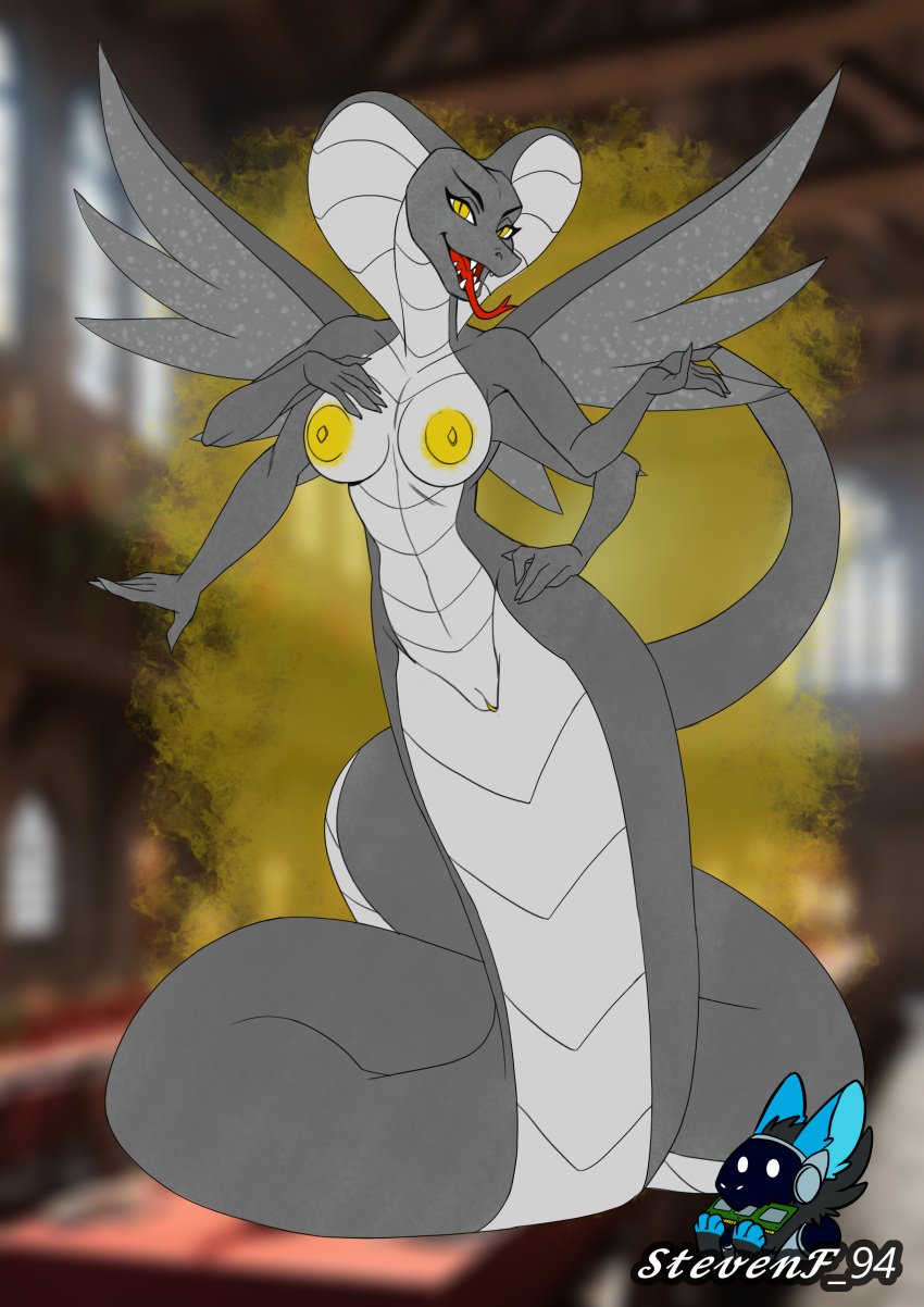 absurd_res anthro apode draconcopode female grey_body hi_res legless naga reptile scalie serpentine snake snake_hood solo stevenf94 wings yellow_body