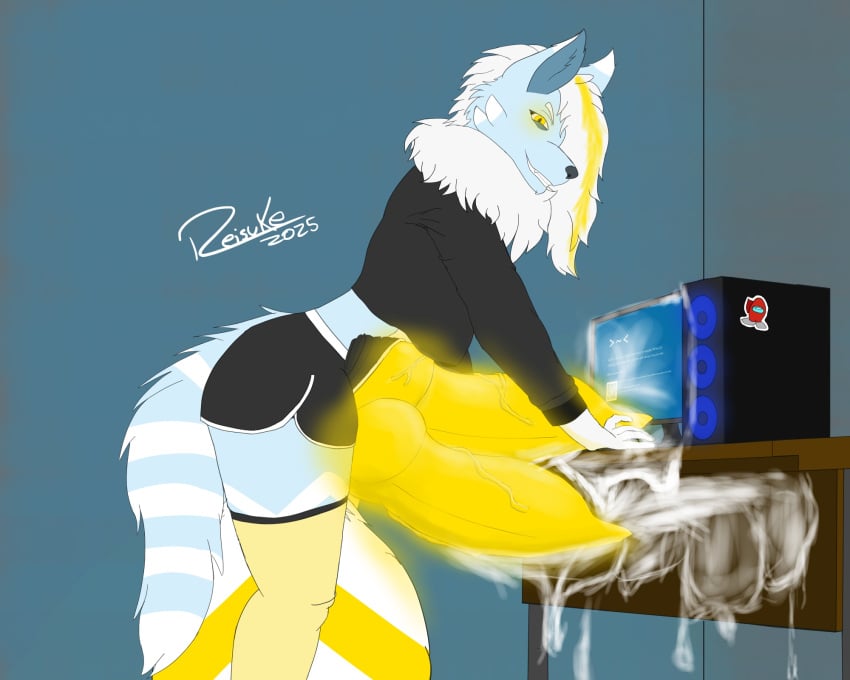 2_penises 2_tails anthro balls big_balls big_penis blue_body blue_fur bodily_fluids canid canine canis computer cum cum_on_computer ejaculation electronics excessive_cum excessive_genital_fluids femboy fox fur genital_fluids genitals glowing glowing_genitalia glowing_penis hi_res huge_balls huge_cock hybrid hyper hyper_balls hyper_genitalia hyper_penis knot male mammal multi_genitalia multi_penis multi_tail penis reisuke_wolfox reisuke_wolfox_(artist) solo tail wolf yellow_penis