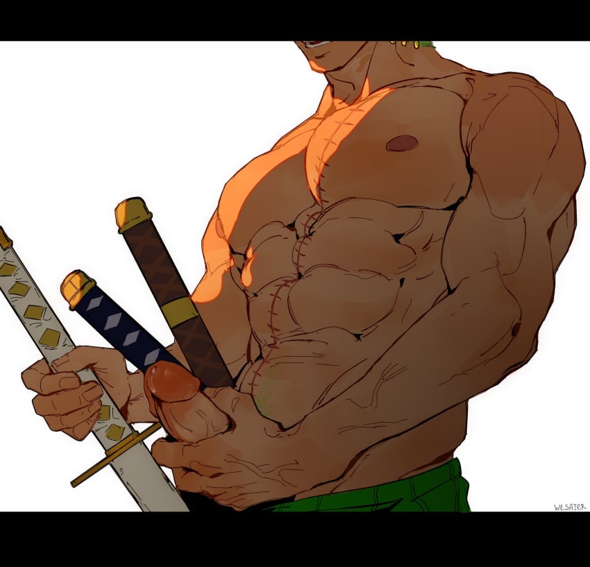 1boy abs artist_name bara barazoku clothing commentary earrings english_commentary green_hair haramaki highres holding holding_sword holding_weapon jewelry letterboxed male male_focus male_only nipples one_piece open_mouth penis penis_grab roronoa_zoro simple_background solo stitched_torso stitches sword topless_male upper_body weapon wesaier white_backgroundrn