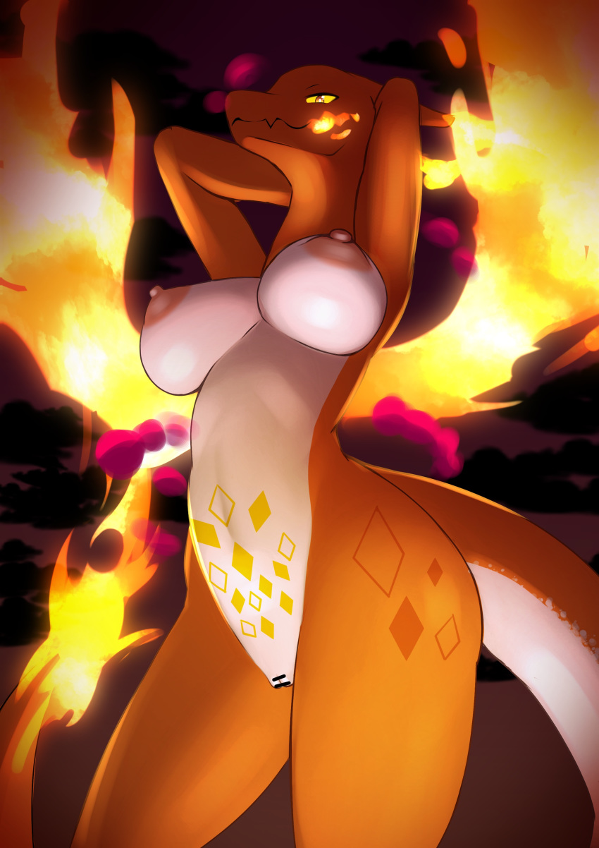 1girls 2019 abs absurd_res anthro anthrofied armpits breasts censored charizard dragon female fire flaming_tail flaming_wings gigantamax_charizard gigantamax_pokémon hi_res horn looking_at_viewer nintendo nipples nude orange_body orange_scales pokémon_(species) pokemon pokemon_(species) pokemon_rgby pokemon_ss pussy scales solo thick_thighs thigh_gap umisag85rabb99 video_games wide_hips wings