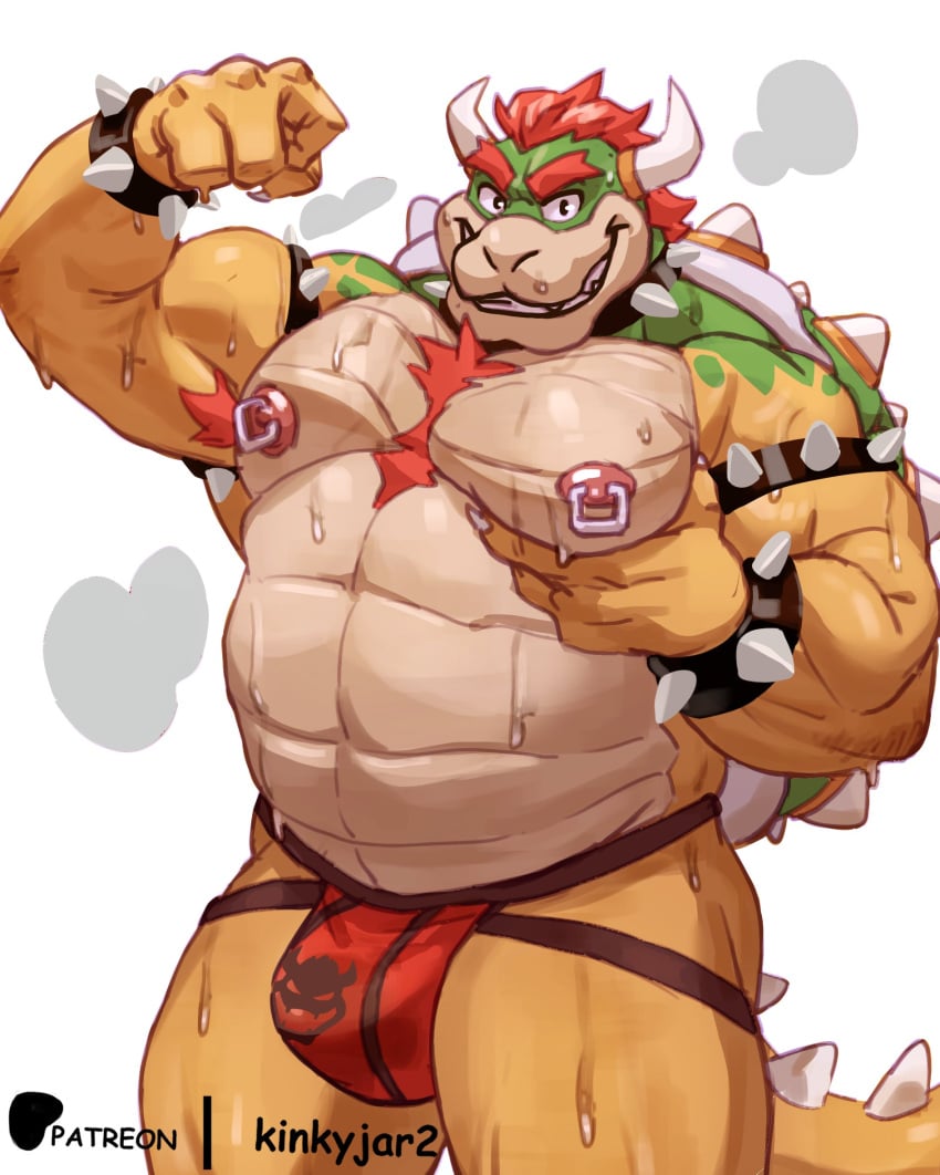 1boy 2024 anthro areola armband armpit_hair artist_name barazoku belly biceps big_bulge big_muscles big_pecs bodily_fluids body_hair bottomwear bowser bracelet bulge chest_hair clothed clothing collar comic_sans dripping eyebrows flexing hair hi_res horn huge_muscles jewelry jockstrap jockstrap_only jokstrap kemono koopa lhjal2 looking_at_viewer male male_nipples male_only manly mario_(series) mature mature_male muscular muscular_anthro muscular_male musk musk_clouds navel nintendo nipple_piercing nipple_ring nipples non-mammal_nipples patreon pec_grab pec_squeeze pec_squish pecs piercing reptile ring_piercing scalie seductive shell simple_background smile solo spiked_armband spiked_bracelet spiked_collar spiked_shell spiked_tail spikes spikes_(anatomy) squish standing super_mario_bros. sweat tail teeth text topless topless_anthro topless_male underwear underwear_only white_background