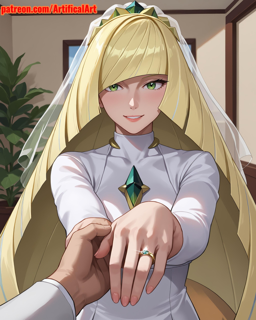 1girls ai_generated artifical_art big_breasts blonde_hair bride green_eyes light-skinned_female light_skin long_hair long_hair_female lusamine_(pokemon) mature_female milf mommy mother nintendo perfect_body pokemon very_long_hair