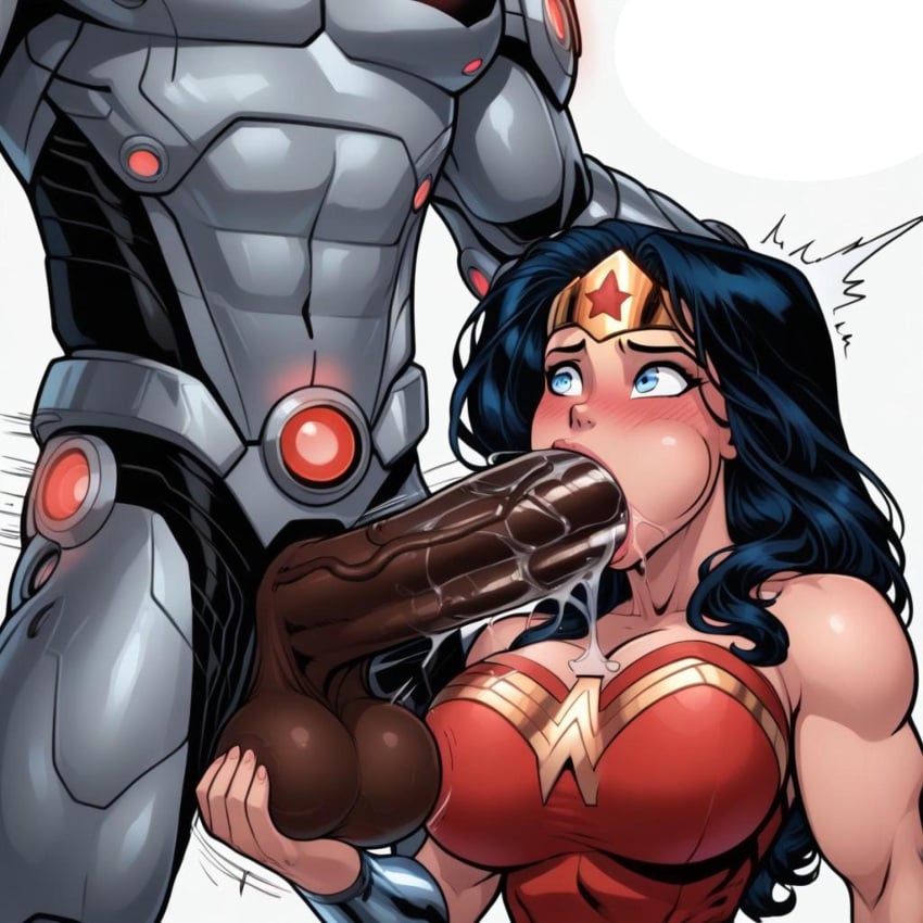 ai_generated armored_male blowjob cleavage clothed_sex cyborg cyborg_(dc) dark-skinned_male dc dc_comics diana_prince fellatio hand_on_testicles huge_balls huge_cock interracial justice_league kneeling_female kneeling_oral_position pale-skinned_female sloppy_blowjob victor_stone will_of_ai wonder_woman wonder_woman_(series)