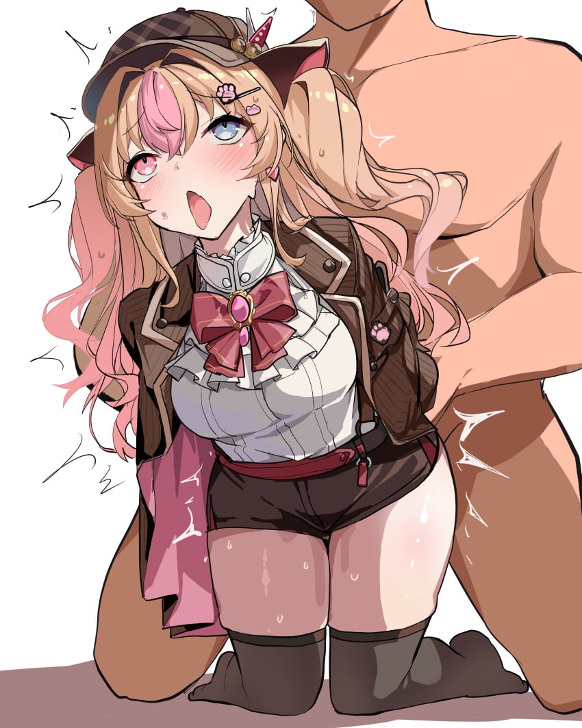 1boy absurdres ahe_gao ai_generated arms_behind_back black_shorts black_thighhighs blue_eyes breasts brown_hair brown_jacket clothed_female_nude_male collared_shirt commentary_request female female_orgasm girls'_frontline hair_between_eyes hair_intakes hairy heterochromia highres jacket kneeling long_hair medium_breasts mk23_(girls'_frontline) motion_lines multicolored_hair nude open_clothes open_jacket open_mouth orgasm pink_eyes pink_hair sex sex_from_behind shirt shirt_tucked_in short_shorts shorts simple_background skindentation streaked_hair sweat thighhighs tongue tongue_out trembling twintails very_long_hair wavy_hair white_background white_shirt yanagui_yugi