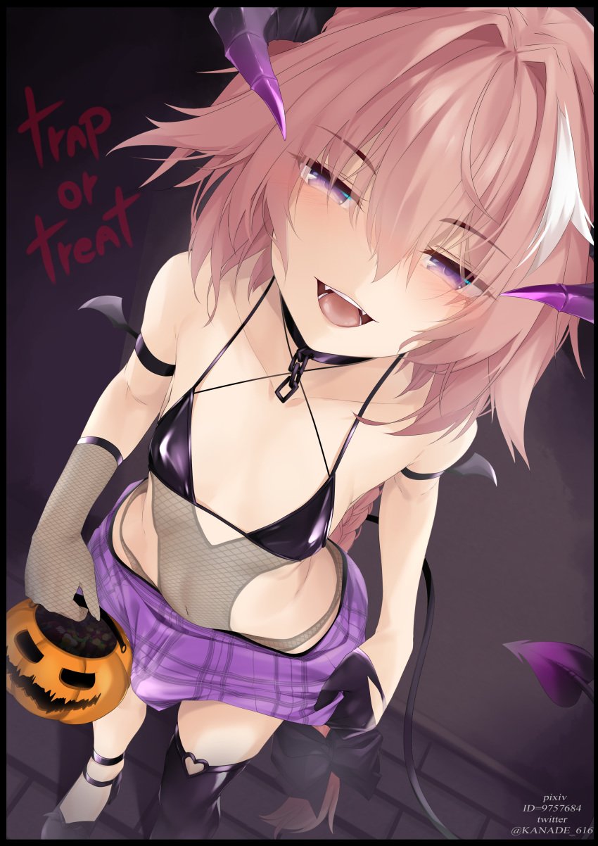 1boy androgynous astolfo_(fate) bikini demon_horns demon_tail demoness fate/grand_order fate_(series) femboy fishnets girly halloween halloween_costume horns kana616 male male_focus solo swimsuits tail thighhighs trap wings