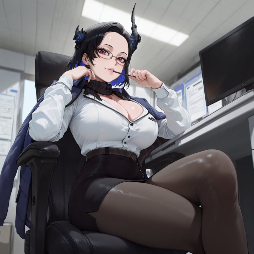 1girls absurd_res ai_generated asymmetrical_horns cleavage_cutout crossed_legs devil_girl devil_horns forehead from_below glasses holding_pencil hololive hololive_english hololive_english_-advent- horns huge_breasts jacket jacket_on_shoulders leg_focus liu_(artist) looking_at_viewer low-angle_view nerissa_ravencroft nerissa_ravencroft_(3rd_costume) office office_chair office_clothing office_lady pantyhose parted_lips pencil_skirt scarf seductive seductive_look seductive_smile short_hair sitting slit_pupils solo solo_female virtual_youtuber voluptuous voluptuous_female vtuber