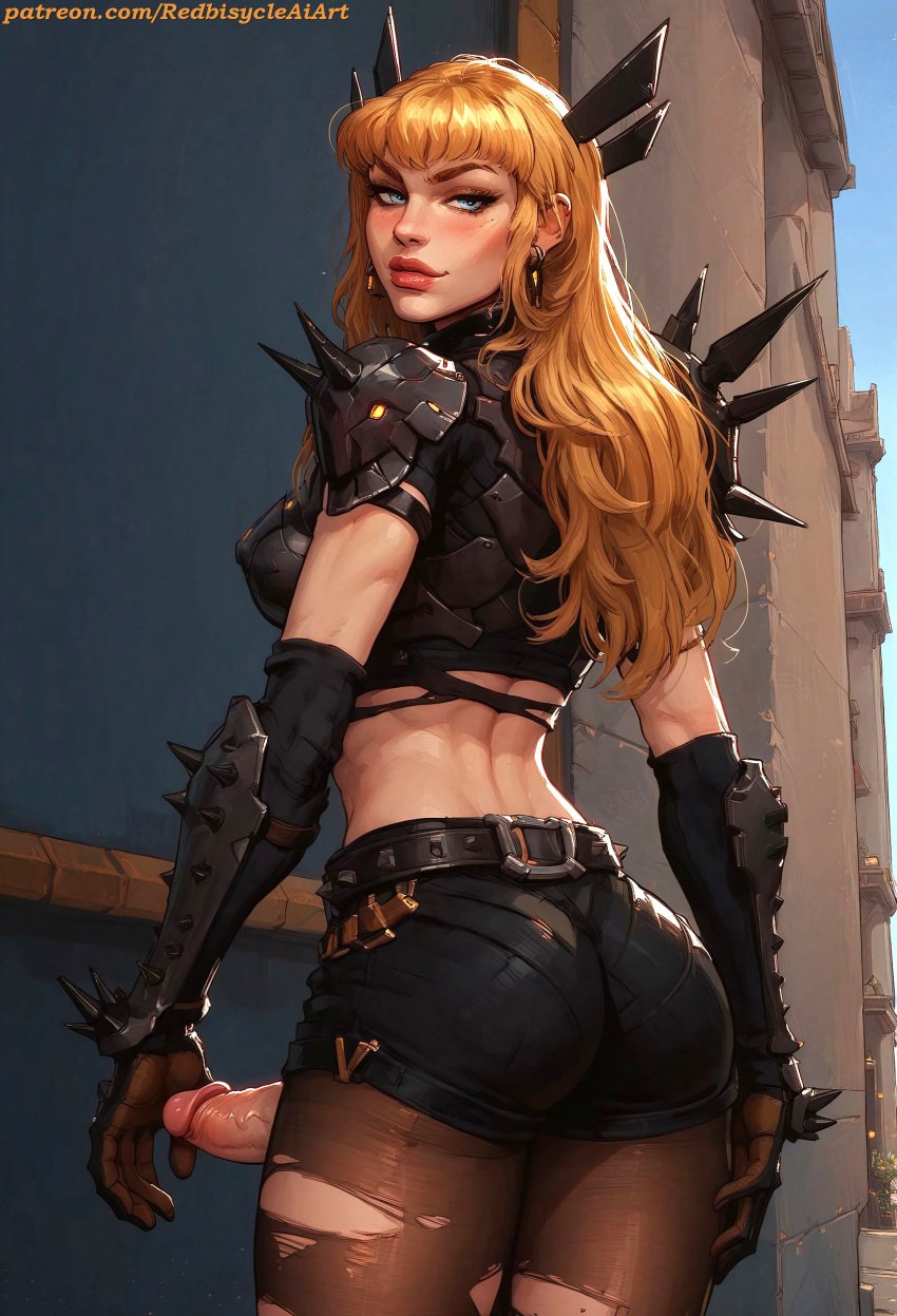 1futa abs ai_generated armor armored ass ass_focus athletic athletic_futanari balls bangs belt belt_buckle big_penis blonde_female blonde_hair blue_eyes breasts denim_shorts dickgirl fit fit_futanari fringe fringe_hair futa_focus futa_only futanari long_hair looking_at_viewer looking_back looking_back_at_viewer magik_(illyana_rasputin) magik_(marvel_rivals) marvel marvel_rivals midriff nail_polish nails_painted naked pantyhose penis redbisycle ripped_clothing ripped_pantyhose ripped_stockings shorts standing stockings vambraces veiny_penis yellow_hair