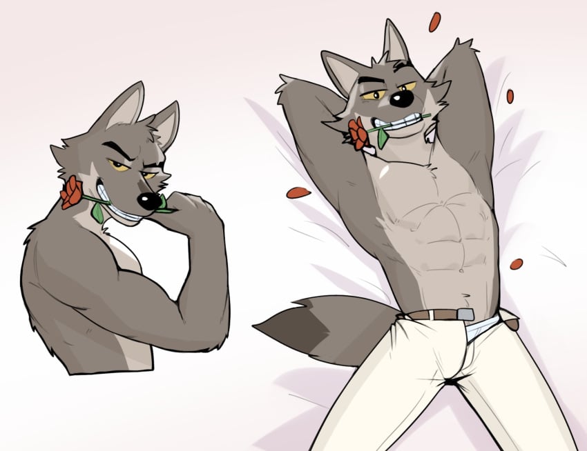 abdomen abs anthro anthro_only biceps furry furry_male furry_only mr._wolf_(the_bad_guys) muscular muscular_anthro muscular_male romantic rose_(flower) seductive seductive_eyes seductive_look seductive_pose seductive_smile sexy shirtless the_bad_guys unzipped_pants wolf wolf_humanoid