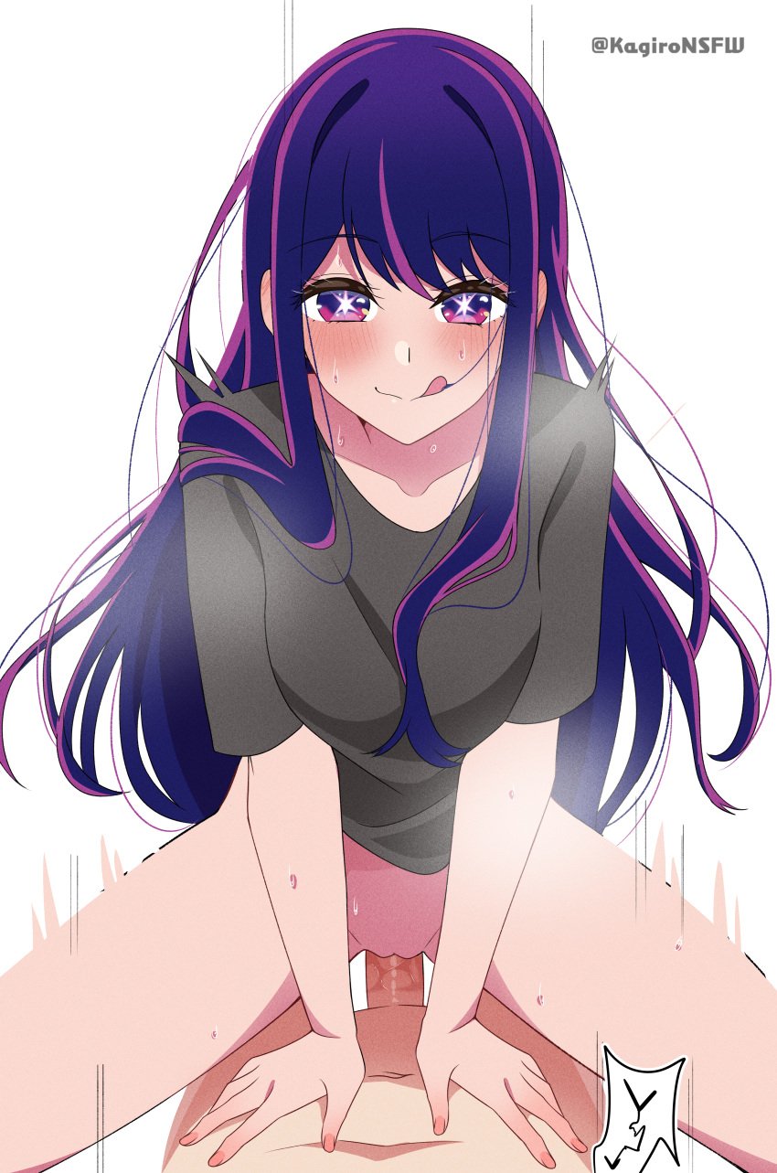 1boy blue_eyes blue_hair cowgirl_position crotch dick female femdom hair_in_mouth hands hoshino_ai kagironsfw legs light_skin long_hair motion_lines no_pubic_hair oshi_no_ko penis purple_eyes purple_hair pussy sex shirt smile smiling star-shaped_pupils thighs tongue tongue_out vagina vaginal_sex