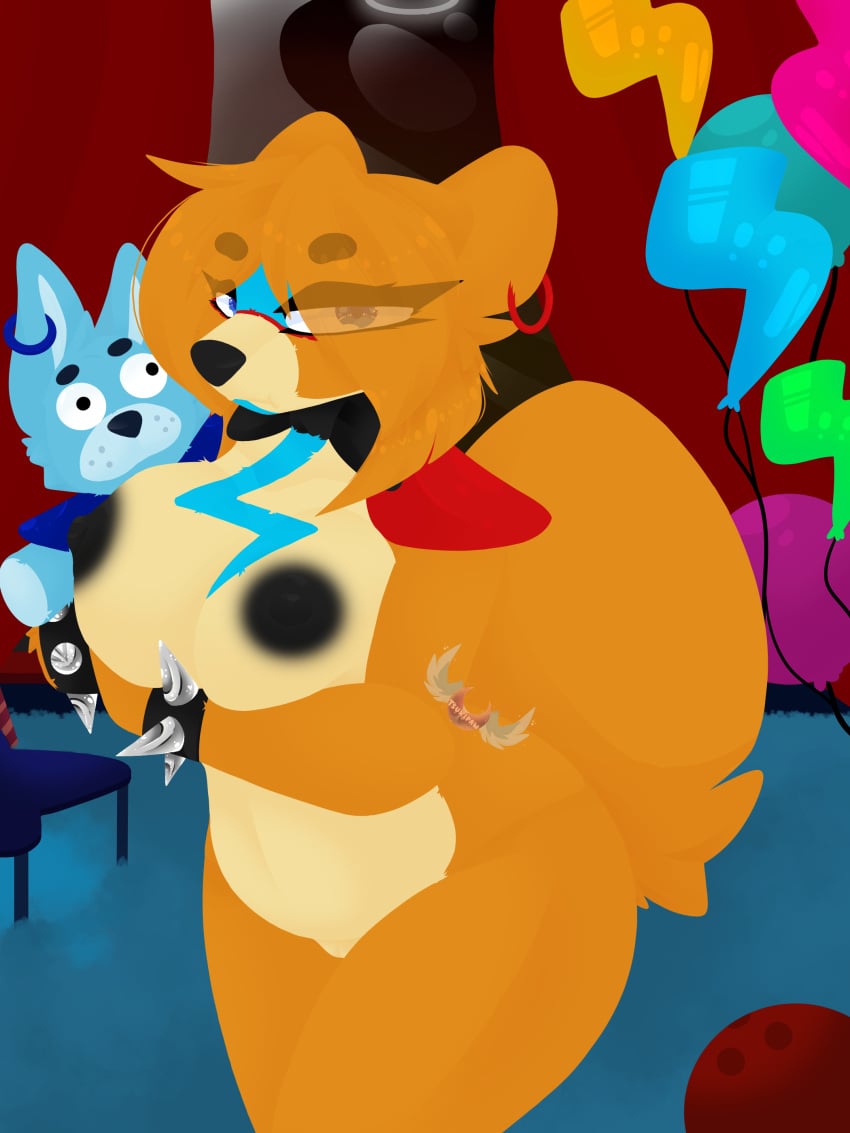 3:4 absurd_res accessory anthro balloon bear big_breasts big_tail blue_body blue_eyes blue_fur bow_tie bowling_ball bracelet breasts curtains detailed detailed_background ear_piercing ears_back ears_down female five_nights_at_freddy's five_nights_at_freddy's:_security_breach fluffy fluffy_tail frown frown_eyebrows frowning_at_viewer fur genitals glamrock_bonnie_(fnaf) glamrock_freddy hair hi_res inflatable jewelry looking_at_viewer mammal multicolored_body multicolored_fur narrowed_eyes nipples nude nude_anthro nude_female orange_body orange_fur piercing pivoted_ears plushie pouting pussy rule_63 scottgames short_hair slightly_chubby slightly_chubby_anthro slightly_chubby_female solo steel_wool_studios tail tan_body tan_fur thick_thighs tsukipaw