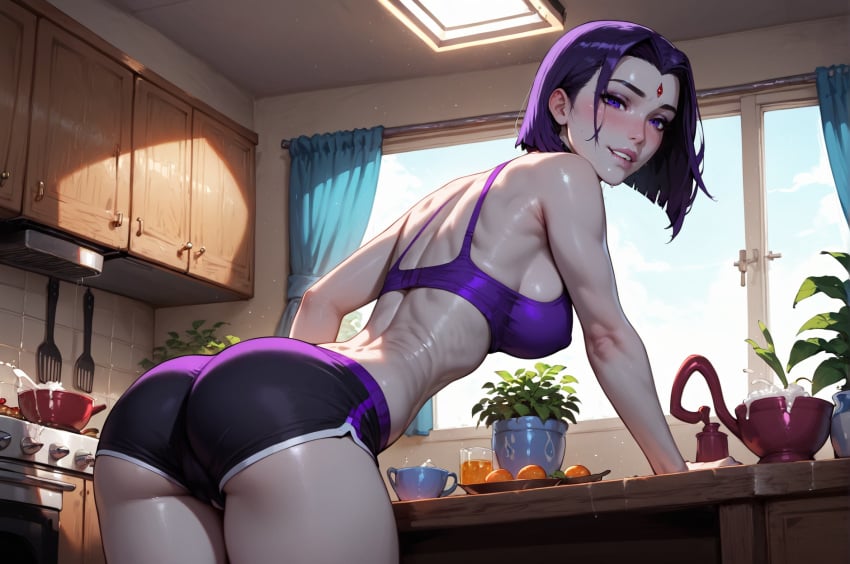 ai_generated ass bare_shoulders blush bottle bra breasts cowboy_shot cup dc dc_comics drinking_glass female flower_pot forehead_mark grapes grey_skin indoors kitchen looking_at_viewer makeup mug naughtygirlsai palm_tree parted_lips plant plate potted_plant purple_bra purple_eyes purple_hair raven_(dc) short_hair shorts smile solo sports_bra teen_titans towel vase window wine_glass