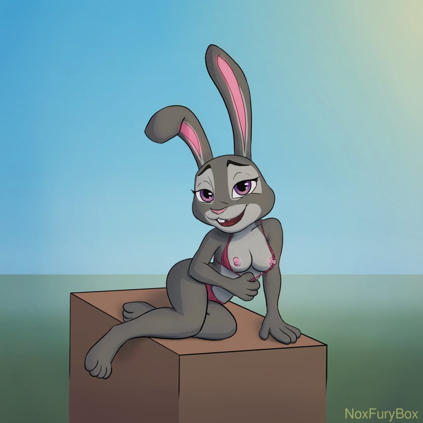 1:1 anthro breasts digital_media_(artwork) disney female hi_res judy_hopps lagomorph leporid looking_at_viewer mammal nipples noxfurybox rabbit simple_background smile solo zootopia