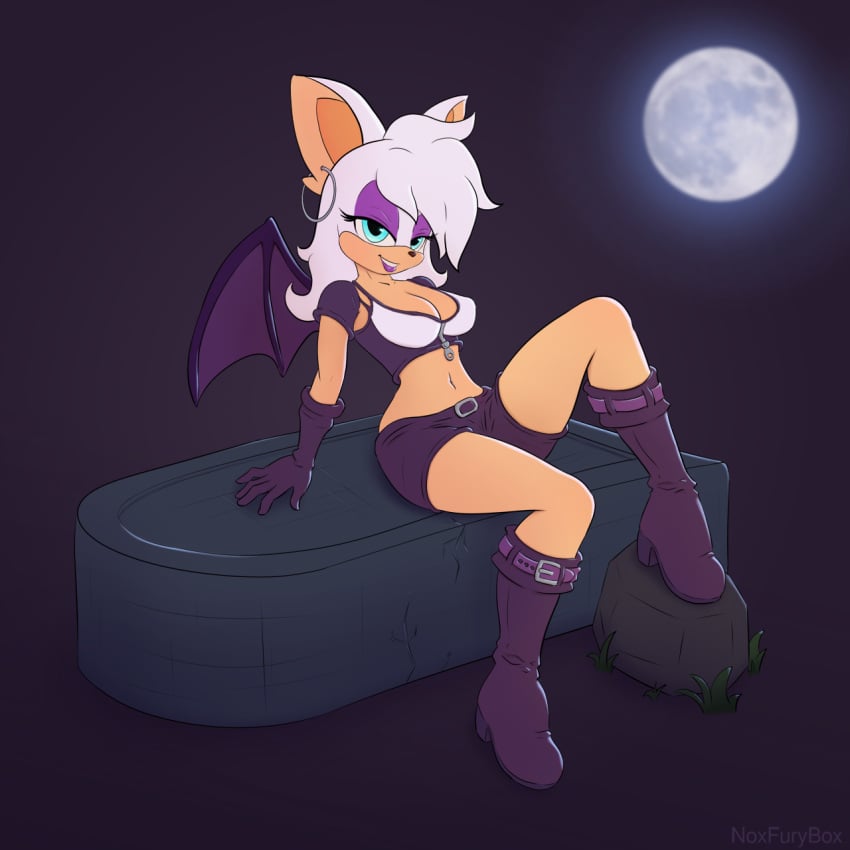 :1 anthro bat boots bottomwear breasts clothed clothing digital_media_(artwork) ear_piercing female footwear half-closed_eyes hi_res looking_at_viewer makeup mammal midriff moon narrowed_eyes navel noxfurybox piercing rouge_the_bat rouge_the_bat_(two-piece) seductive sega shorts smile solo sonic_(series) sonic_the_hedgehog_(series) white_hair