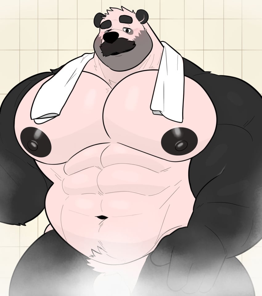 anthro bara bara_tiddies bara_tits barazoku big_pecs facial_hair flaccid furry male male_only milkblend moustache muscles muscular nude panda pecs penis pom_(milkblend) solo solo_male steam ursid ursine