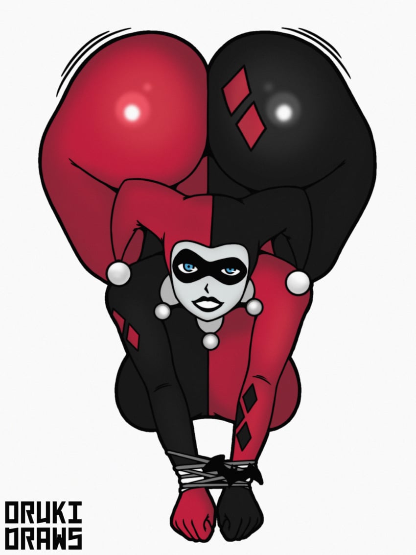 1girls ass ass ass_focus ass_up batman_(series) big_ass bubble_butt clown_girl dat_ass dc dc_comics fat_ass female female_only front_view fully_clothed hands_tied harley_quinn harley_quinn_(classic) huge_ass huge_butt looking_at_viewer makeup mask orukidraws skin_tight smile smiling