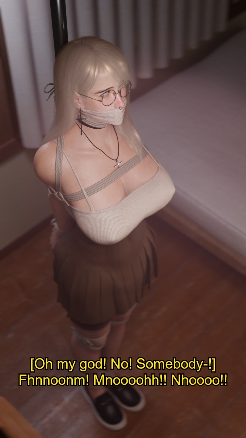 1girls 3d 3d_(artwork) ahe_gao arms_behind_back bad_end bagged_hands beauty_mark beauty_mark_under_eye black_choker blender blender_eevee blonde_hair blue_eyes bondage bondage_mittens bound bound_ankles bound_arms bound_legs bound_wrists captured choker cloth_gag cross_earrings cross_necklace damsel_in_distress english_text female female_focus female_only female_orgasm femsub gag gagged glasses grace_(osimai) helpless huge_breasts kidnapped lip_piercing loafers mole mole_above_mouth mole_on_nose mole_under_eye mouth_stuffed muffled muffled_moaning muffled_screaming muffled_speech neck_tied nose_piercing nose_ring orgasm orgasm_without_stimulation original_character osimai otm_gag over_the_mouth_gag pleated_skirt pole pole_tied rope rope_around_chest rope_around_neck rope_bondage rope_harness shoes skirt struggling tank_top text tied_to_pole tied_up trying_not_to_cum trying_to_resist worried worried_expression