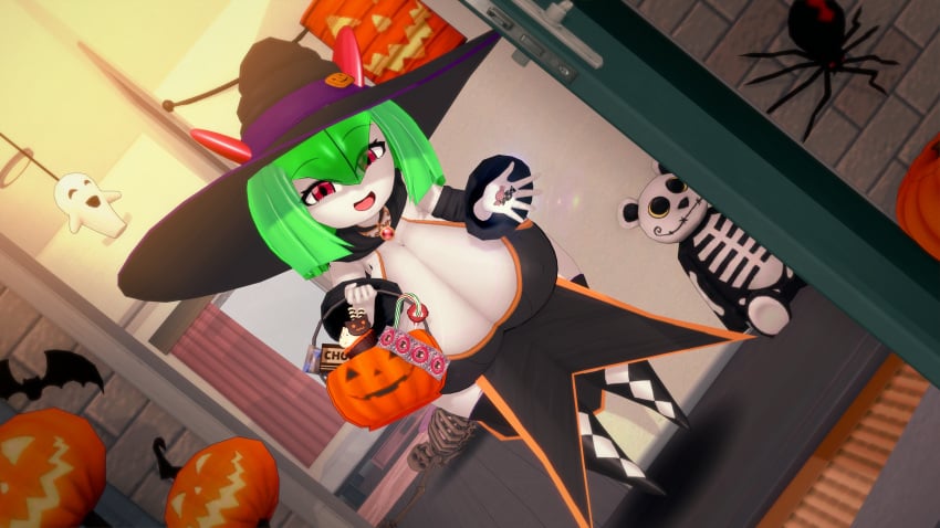 female green_hair halloween horn horns huge_breasts kirlia large_breasts looking_at_viewer pale_skin pokemon pokemon_(species) pumpkin red_eyes red_horns shelly_(yomieskayeler) skeleton tagme white_skin witch_costume witch_hat yomieskayeler