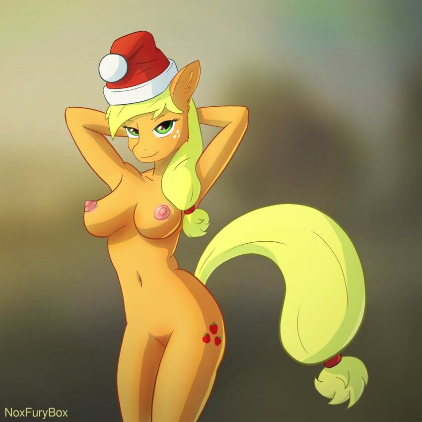 1:1 anthro applejack_(mlp) blonde_hair breasts equid equine female friendship_is_magic hasbro hi_res horse mammal my_little_pony nipples noxfurybox nude pony shy solo