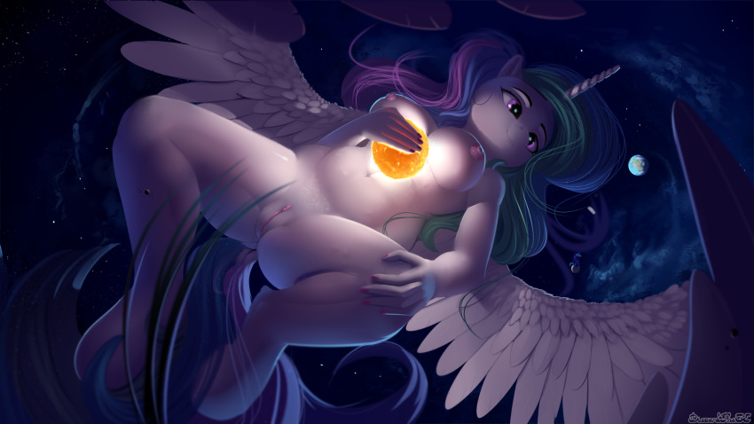 16:9 2019 5_fingers alicorn anthro areola breasts digital_media_(artwork) discordthege equid feathered_wings feathers female fingers friendship_is_magic hi_res horn macro mammal my_little_pony nipples planet princess_celestia_(mlp) pussy smooth_skin solo space spread_legs spreading sun wallpaper wings