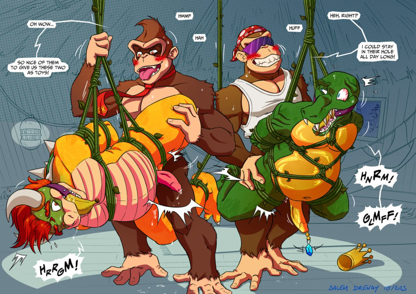 4boys alligator alligatorid anal anal_sex anthro anthro_on_anthro anthro_penetrated anthro_penetrating_anthro ape arms_tied arms_tied_behind_back banana bandana bandana_on_head belly big_belly blush bound bound_and_gagged bowser brown_fur crown dialogue doggy_style donkey_kong donkey_kong_(series) erection funky_kong fur furry furry_male furry_only gay gay_sex gorilla green_skin hand_on_leg hands_on_legs indoors interspecies k_rool king koopa legs_tied looking_back male male/male mammal mario_(series) muscular muscular_anthro muscular_male nintendo open_mouth overweight overweight_anthro overweight_male part_2 penis penis_in_anus primate red_hair reptile royalty scalie sex text text_bubble thevoidwalker tongue tongue_out vine_bondage vines