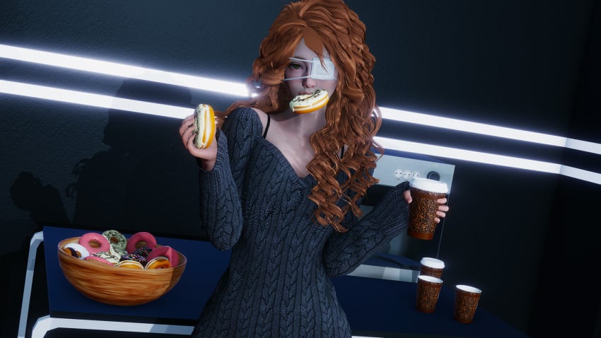 1girls 3d brown_eyes caribdis coffee coffee_cup curly_hair cute cute_expression cute_face donut eternum eyepatch female female_focus female_only ginger holding_coffee_cup holding_donut holding_object light-skinned_female light_skin nova_(eternum) red_hair safe safe_for_work sfw shoulder_length_hair shoulders solo solo_female solo_focus tagme video_game video_game_character video_games white_skin white_skinned_female