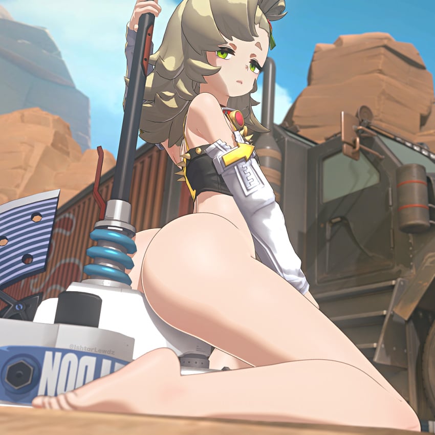 1girls ass axe blonde_hair bottomless detached_sleeves female female_focus female_only green_eyes hi_res hoyoverse ishtarlewdz light-skinned_female light_skin looking_at_viewer looking_back mostly_nude mostly_nude_female partially_clothed piper_wheel pose posing posing_with_weapon sitting sitting_on_weapon tagme zenless_zone_zero