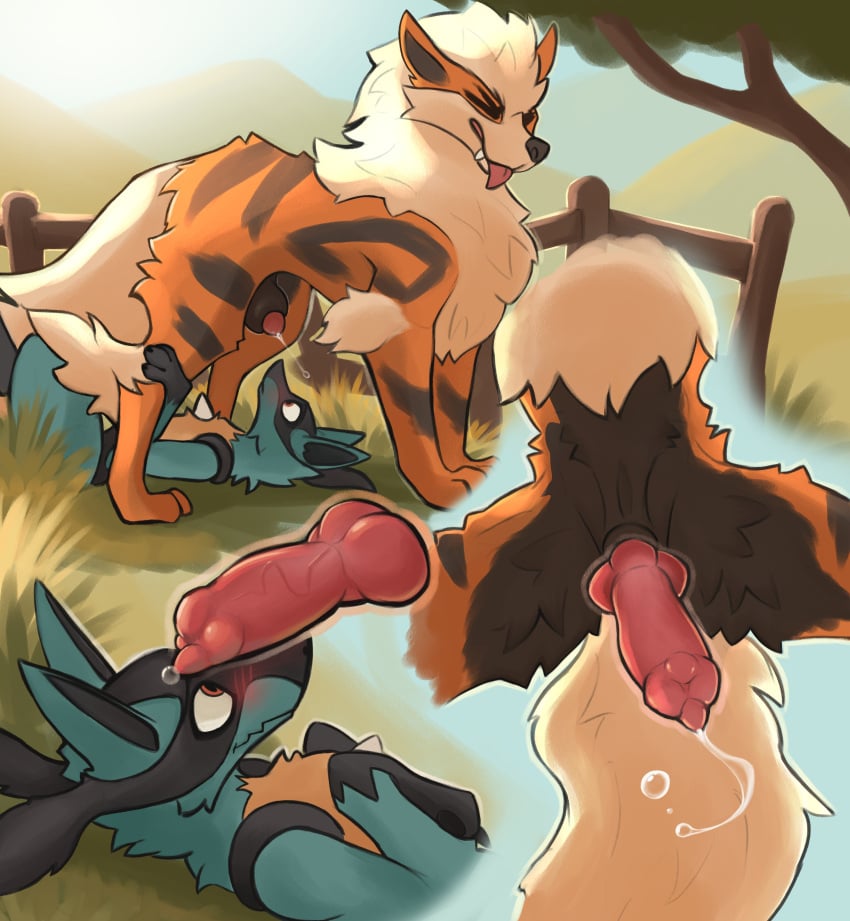 absurd_res animal_genitalia animal_penis anthro arcanine balls blush bodily_fluids canid canine canine_genitalia canine_penis cum digital_media_(artwork) dripping duo erection feral fur generation_1_pokemon generation_4_pokemon genital_fluids genitals hi_res knot knotted_penis low-angle_view lucario male male/male mammal nintendo nude penis penni_bat pokemon pokemon_(species) sex sheath simple_background tail