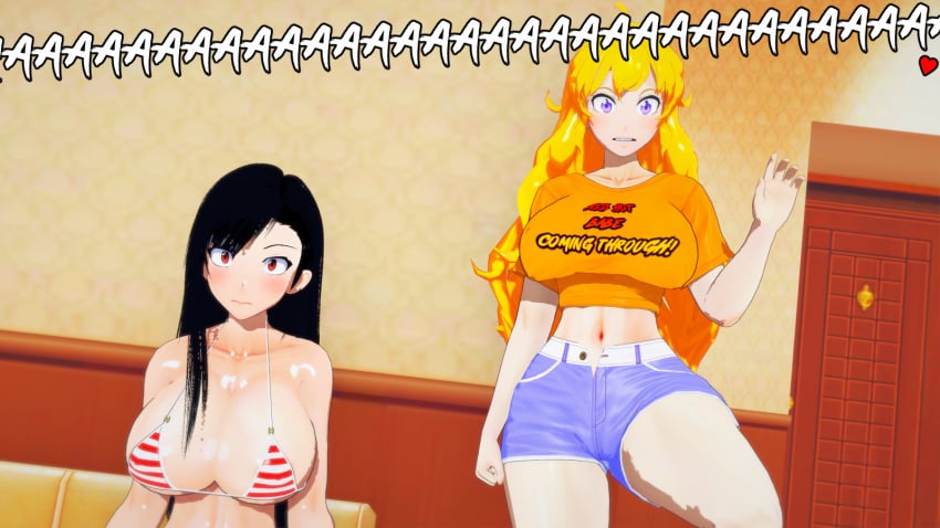 2girls bikini bikini_top black_hair black_hair_female blonde_female blonde_hair clothed_female crossover final_fantasy final_fantasy_vii final_fantasy_vii_remake half-dressed half_naked long_hair long_hair_female moaning moaning_in_pleasure nakadashi_(artist) orgasm purple_eyes red_eyes rwby shocked shocked_expression tifa_lockhart yang_xiao_long