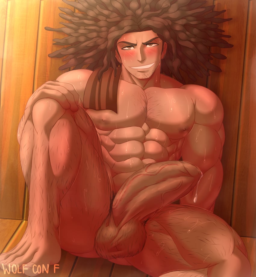 1boy bara big_penis boner danganronpa erection hagakure_yasuhiro male male_only nude pecs precum sauna smirk solo steam thick_penis towel wolf_con_f