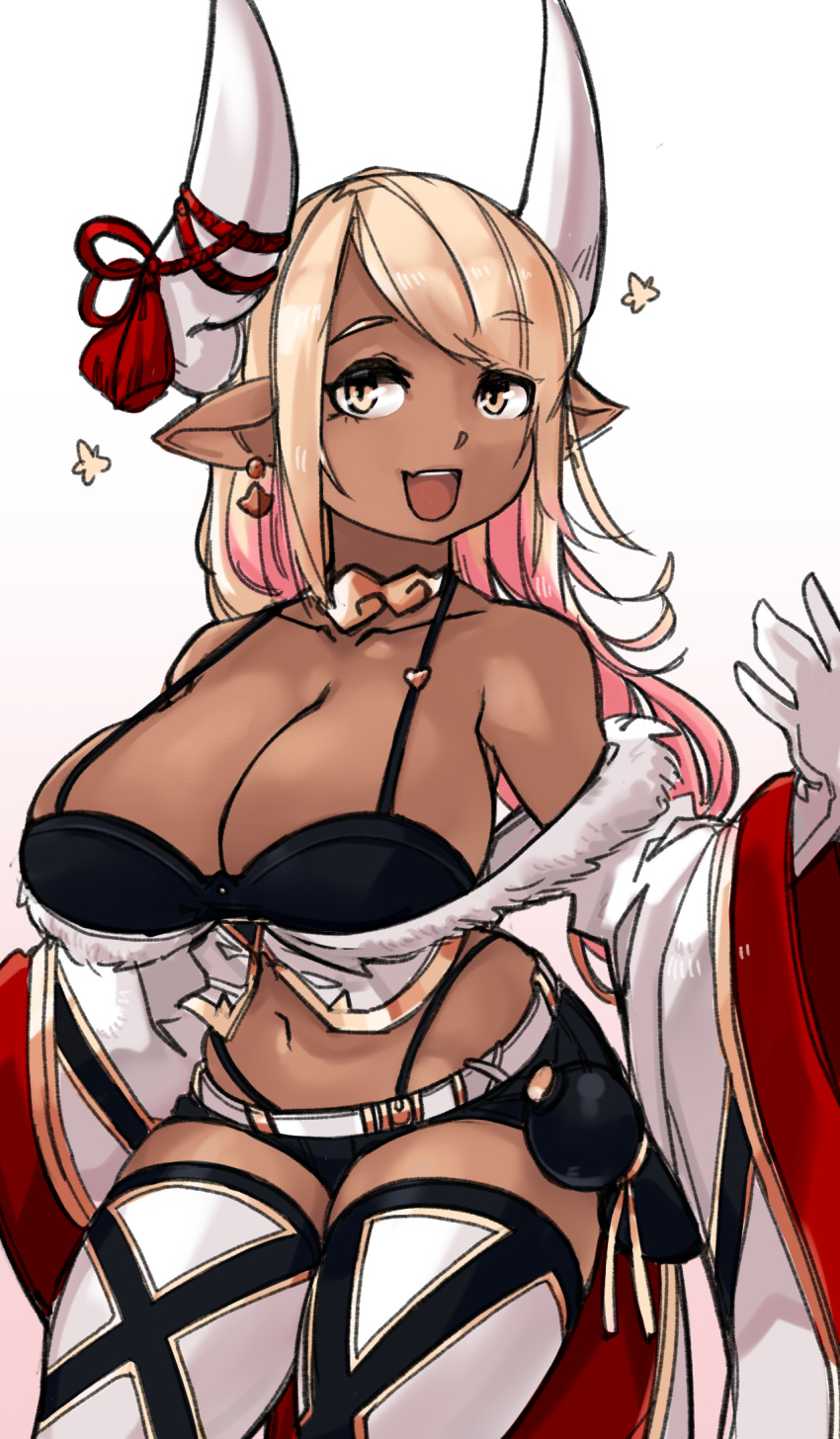 1girls belt black_bra black_thong blonde_hair bra breasts choker cleavage clothed cowboy_shot dark-skinned_female dark_skin demon_girl demon_horns earrings eyelashes female female_only fur_trim gloves gradient_hair granblue_fantasy horns huge_breasts kuvira_(granblue_fantasy) long_hair midriff navel open_smile pink_hair pointy_ears short_shorts shorts simple_background skimpy smile solo thighhighs thong very_long_hair voluptuous white_background wide_sleeves yellow_eyes zanamaoria