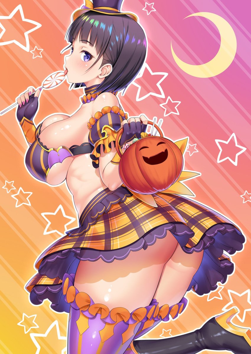 1girls :d ass bangs bikini_top black_footwear black_hair boots breasts candy choker cleavage dat_ass female female_only fingerless_gloves frilled_skirt frills gloves halloween halloween_costume hat high_heel_boots high_heels high_resolution jack-o'-lantern kawase_seiki kirigaya_suguha knee_boots lantern large_breasts licking looking_at_viewer mini_hat miniskirt open_mouth orange_skirt plaid plaid_skirt purple_gloves purple_legwear shiny shiny_hair shiny_skin shoes short_hair sideboob skirt smile solo standing standing_on_one_leg star starry_background sword_art_online thick_thighs thighhighs thighs tongue tongue_out zettai_ryouiki