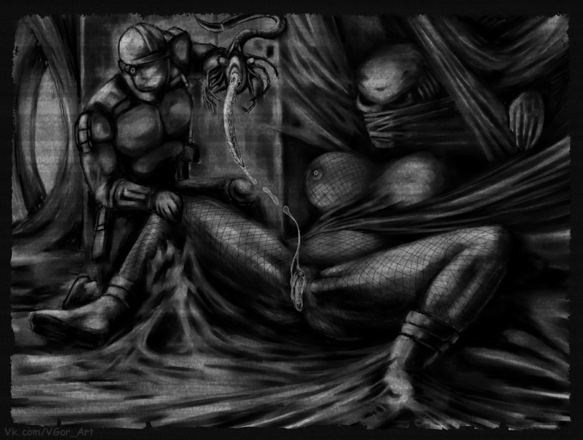1boy 1girls 2d alien alien_(franchise) alien_vs_predator breasts facehugger female female_yautja greyscale group human humanoid male mammal monochrome predator_(franchise) predator_mask pussy vylfgor yautja