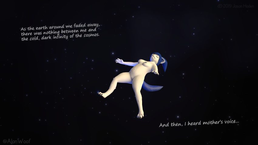 2019 3d absurd_res alon alonwoof anthro bare_sands barefoot biped blue_hair breasts canid canine canis casual_nudity closed_eyes dream english_text female floating fluffy fluffy_tail fur hair hi_res mammal nipples nude pussy simple_background sleeping slightly_chubby solo space star text video_games white_body white_fur wolf