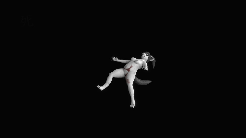 2019 absurd_res alon alonwoof anthro bare_sands barefoot blood bodily_fluids breasts canid canine canis casual_nudity digital_media_(artwork) female floating fluffy fluffy_tail fur hair hi_res japanese_text mammal nipples nude pussy simple_background slightly_chubby solo text video_games white_body white_fur wolf wounded