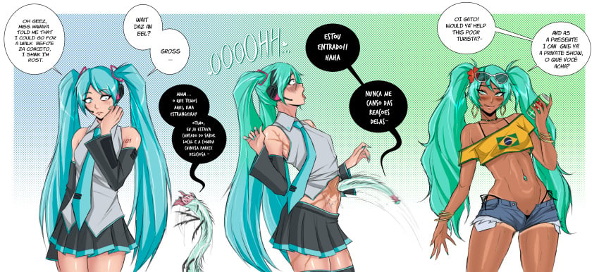 1girls black_legwear black_skirt black_thighhighs blue_eyes blue_hair blue_tentacles blush body_invasion brazilian brazilian_female brazilian_miku clothing crop_top dark-skinned_female dark_skin dialogue english_text female hatsune_miku legs_together long_hair navel navel_penetration open_mouth paragenerous parasite penetration portuguese_text possession shirt short_shorts shorts skirt smile tan_body tan_skin tentacle thighhighs tongue tongue_out twintails vocaloid white_shirt wide_eyed