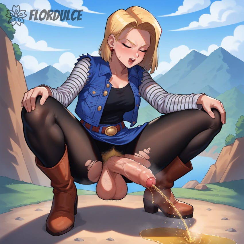 ai_generated android_18 balls belt black_pantyhose black_shirt blonde_hair blue_skirt boots brown_boots closed_eyes denim_vest dragon_ball_z erect_penis erection flordulce foreskin futa_only futanari landscape long_sleeves open_mouth outdoors pantyhose peeing penis pubic_hair ripped_pantyhose short_hair skirt solo_futa spread_legs squatting striped_sleeves testicles uncircumcised uncut urination