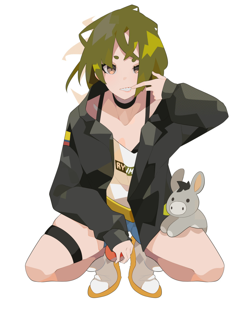 1girls alternate_outfit brown_eyes clothed clothing colombian colombian_flag donkey donkey_teddy ear_piercing earrings female female_focus finger_in_mouth flat_chest freckles green_hair hispanic hispanic_virtual_youtuber indie_virtual_youtuber jacket latam_virtual_youtuber light-skinned_female light_skin monochrome_background official_art ryumi ryumivt short_hair shorts showing_teeth sitting sitting_on_floor small_breasts solo_focus squatting teeth twitch twitch.tv virtual_youtuber vtuber yellow_eyes youtube youtube_hispanic