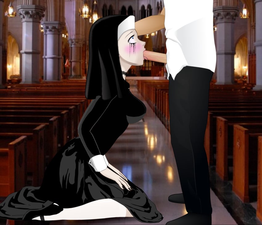 1boy 1girls black_dress character_request choker church crying fellatio female forced_oral konashion nun nun's_habit oral original_character petite plastic_choker super_deepthroat_game white_stockings