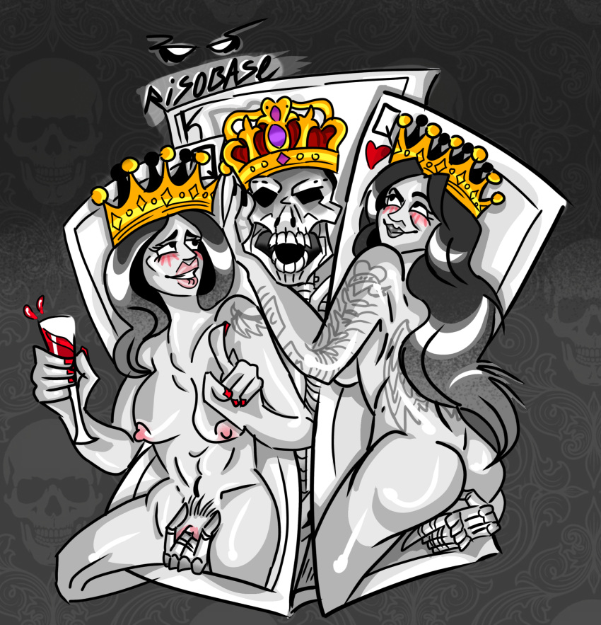 amused angry black_white blush bone bones card card_game cards casino crown deck digital_art digital_drawing digital_drawing_(artwork) female fingering fingering_pussy fingers_in_ass fingers_in_pussy goes_hard harem heart hearts king nipples pike print pussy redraw rib_cage risobase skeleton skeleton_hands skeleton_king skeleton_print tatoo