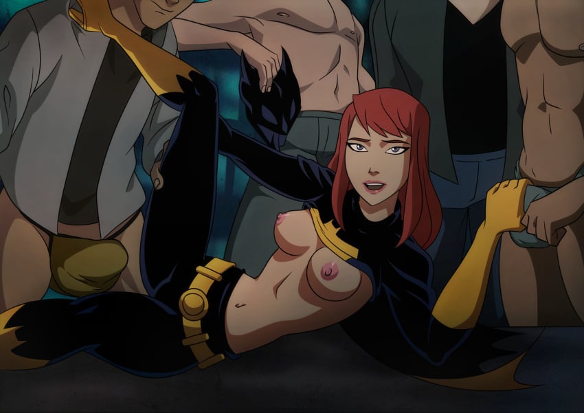 1girls barbara_gordon batgirl batgirl_(the_killing_joke) batman:_the_killing_joke batman_(series) captured dc dc_comics elmrtev eyeless_male leg_lift multiple_boys no_bra posing redhead shirt_lift unmasked