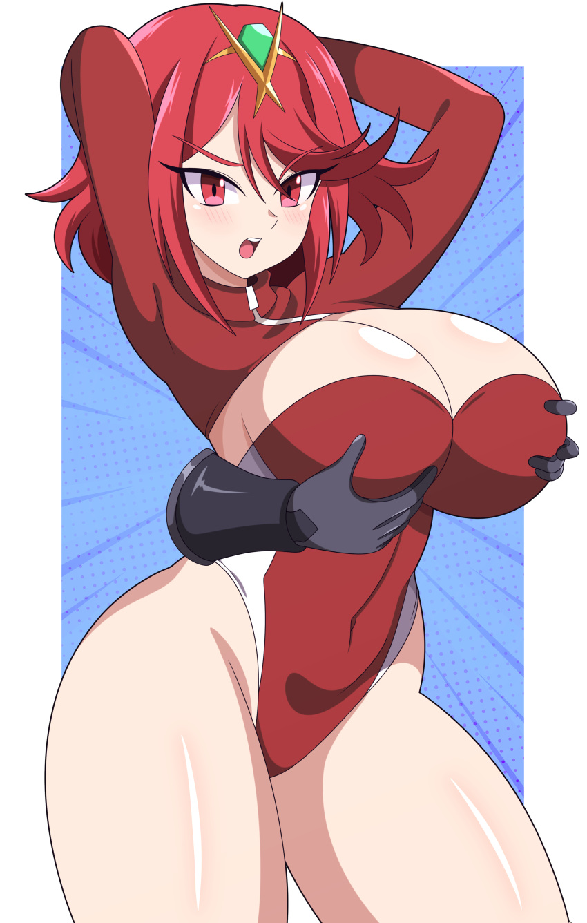 1girls abysswatchers breast_grab breasts busty commission disembodied_hand female high_resolution huge_breasts light-skinned_female light_skin nintendo pyra red_eyes red_hair short_hair thick_thighs wide_hips xenoblade_(series) xenoblade_chronicles_2