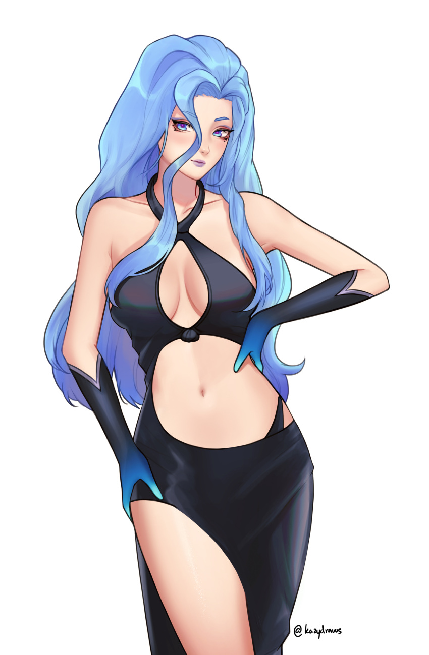 blue_eyes blue_hair dress estelle_(omega_strikers) kazydraws midriff omega_strikers sfw