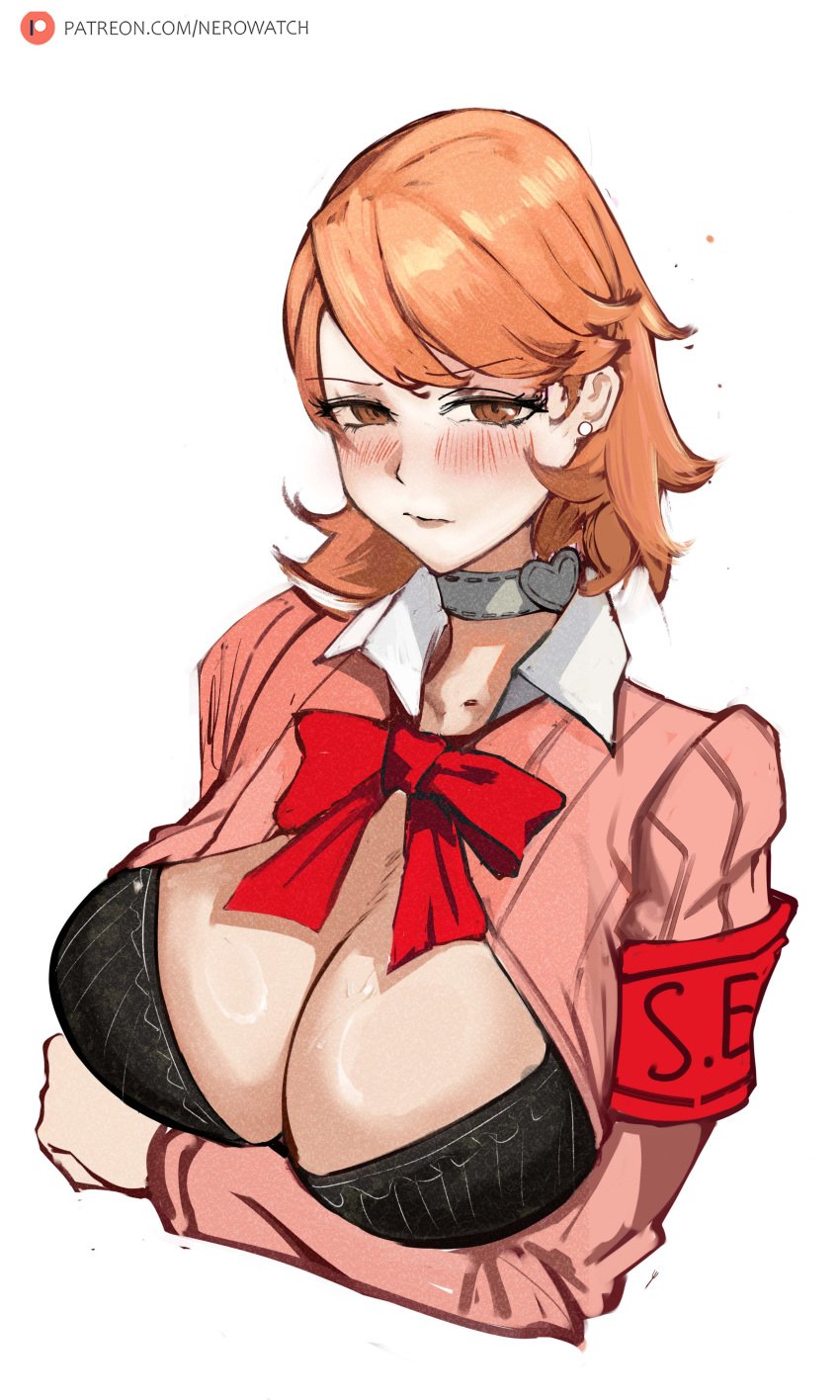 1girls armband basic_background big_breasts black_bra blush bra breasts brown_eyes brown_hair choker cleavage ear_piercing female female_only hands_under_breasts heart_choker huge_breasts large_breasts light_brown_hair megami_tensei nero_watch open_shirt persona persona_3 school_uniform solo watermark white_background yukari_takeba