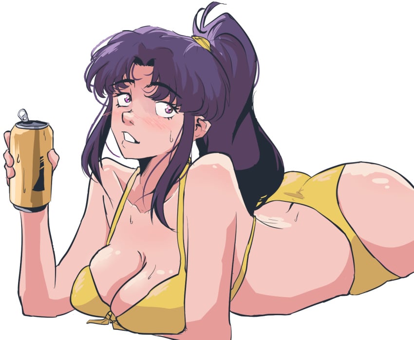 1girls alcohol alternate_hairstyle arm_support arm_under_breasts ass beer beer_can big_ass big_breasts bikini blush breasts busty butt_crack can cleavage dentedhood drinking hair_ribbon half-closed_eyes highres holding holding_can large_breasts legs looking_at_viewer lying mature mature_female mature_woman medium_hair misato_katsuragi neon_genesis_evangelion on_stomach ponytail pose posing purple_eyes purple_hair ribbon seductive seductive_look seductive_smile sensual smile solo sweat swimsuit the_pose thighs voluptuous yellow_bikini