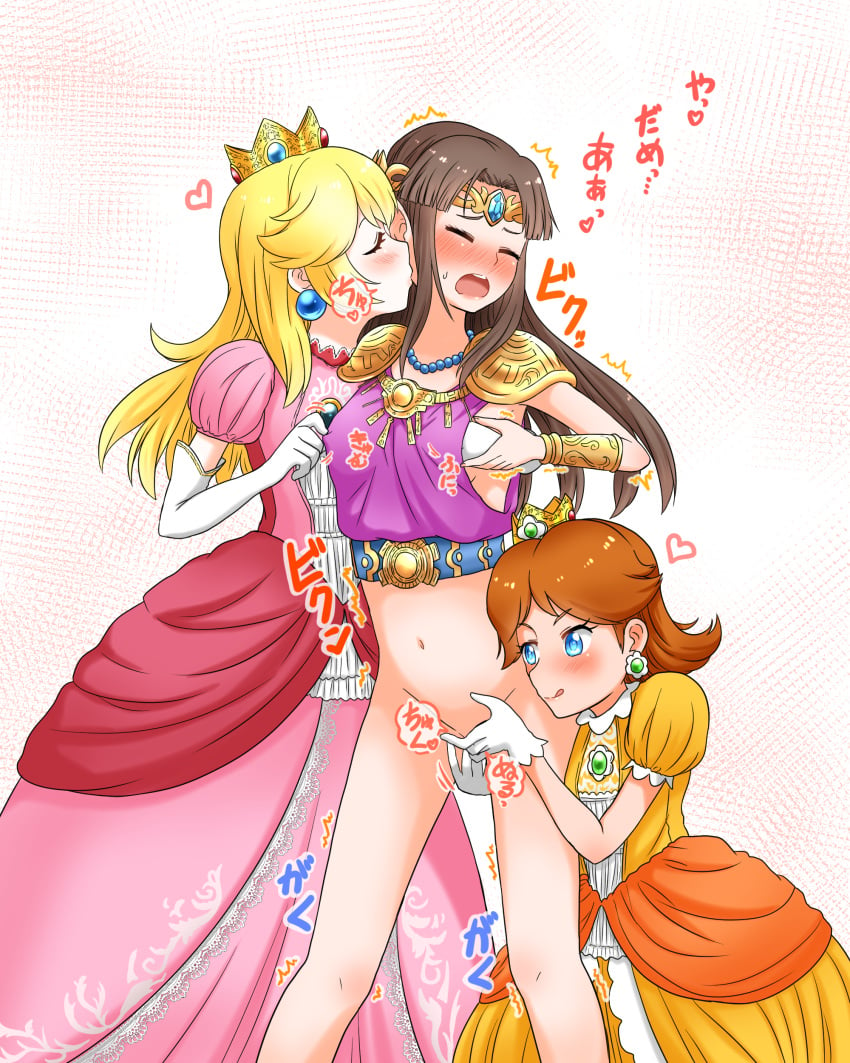 3girls a_link_to_the_past absurdres belt blonde_hair blue_eyes blush bottomless bracer breast_grab breasts brown_hair cheek_kiss closed_eyes clothed clothing covered_nipples crossover crown dress female female_only fingering gloves grabbing highres kissing kurosawa_karura licking_lips long_hair mario_(series) mini_crown multiple_girls necklace nintendo nipple_tweak official_alternate_costume open_mouth pink_background pink_dress pointy_ears princess_daisy princess_peach princess_zelda pussy royalty shoulder_armor simple_background standing super_smash_bros. the_legend_of_zelda tiara tongue tongue_out white_gloves yellow_dress young yuri zelda_(a_link_to_the_past)