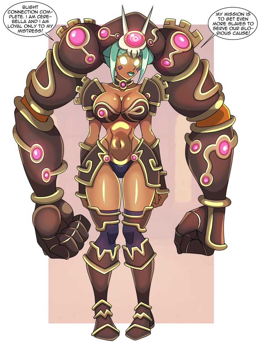 1girls 4_arms armor armored_boots big_breasts bikini bikini_armor brainwashed brainwashing breath_of_the_wild cerebella cleavage corrupted corruption crossover dark-skinned_female dark_skin english_text female female_focus female_only fully_clothed glowing_eyes green_hair headgear hypnosis lipstick mind_control multi_arm multi_limb revealing_clothes skimpy_clothes skullgirls slave slave_warrior slavegirl tan-skinned_female text text_bubble the_legend_of_zelda zorro-zero