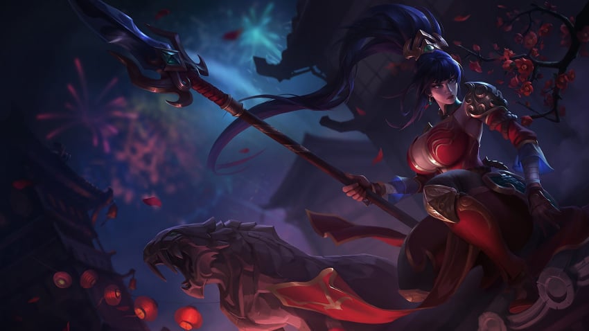 cleavage edit edited edited_official_artwork huge_ass huge_breasts league_of_legends lunar_new_year lunar_new_year_series lunar_revel_series nidalee official_artwork_edit thick_thighs wallpaper warring_kingdoms_nidalee