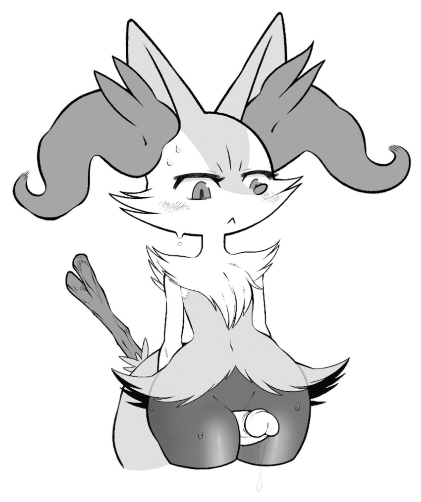 1boy 1girls anthro blush bodily_fluids box_(hajimeyou654) braixen chest_tuft dipstick_tail duo female fluffy fluffy_tail furry genital_fluids hi_res humanoid_penis inner_ear_fluff larger_male male monochrome multicolored_tail navel nintendo penis pokémon_(species) pokemon pokemon_(species) pokemon_xy pokephilia precum size_difference smaller_female stick sweat thick_thighs thigh_sex tuft video_games wide_hips