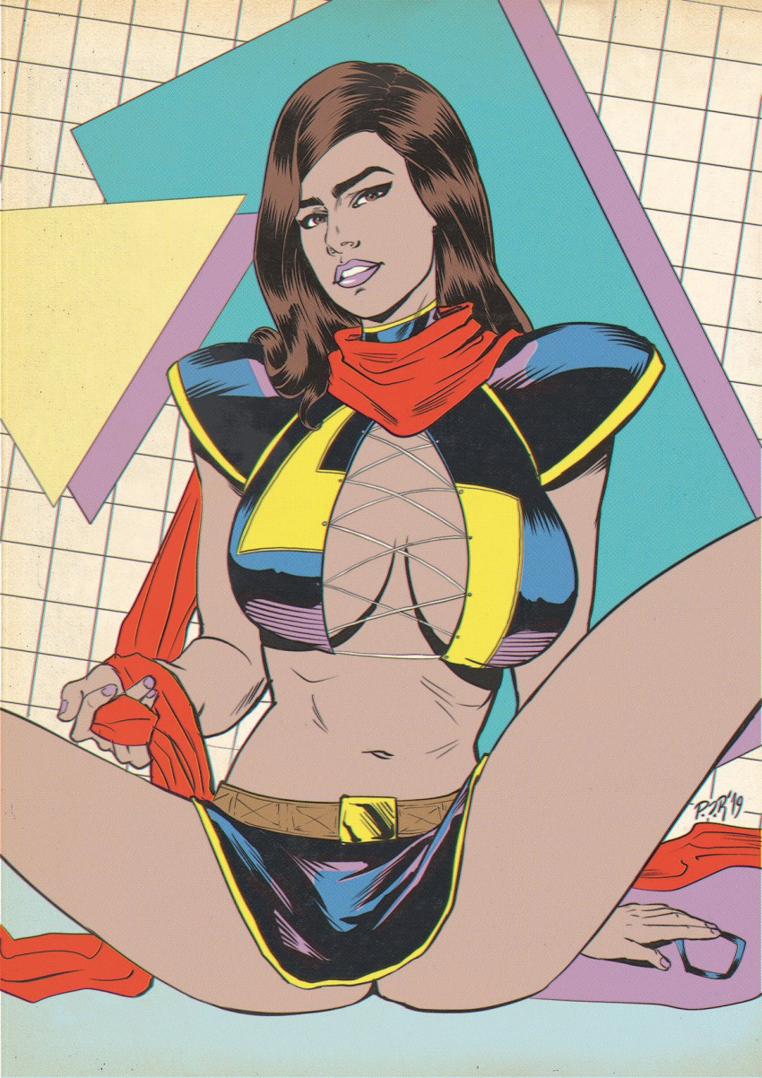 ass athletic bare_arms bare_legs big_breasts breasts brown_eyes brown_hair busty celebrity cleavage dark_skin eyelashes eyeliner female hourglass_figure large_breasts lipstick long_hair marvel marvel_comics mascara mia_khalifa middle_eastern ms._marvel_(cosplay) nail_polish navel pablo_romero pakistani pinup pose posing scar sitting skirt solo spread_legs wide_hips